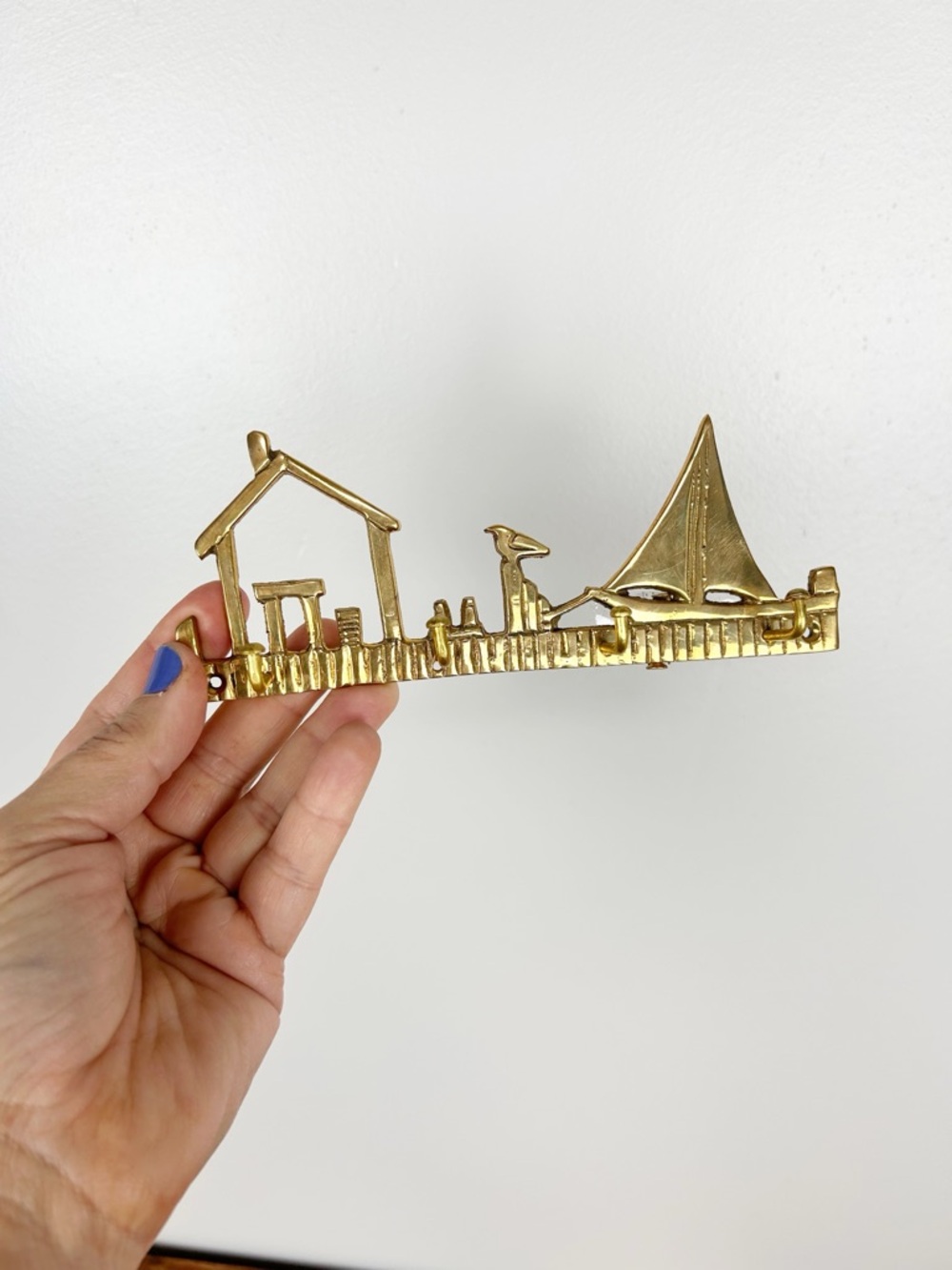 Vintage Brass Key Hook Wall Hanging Sailboat Seaside